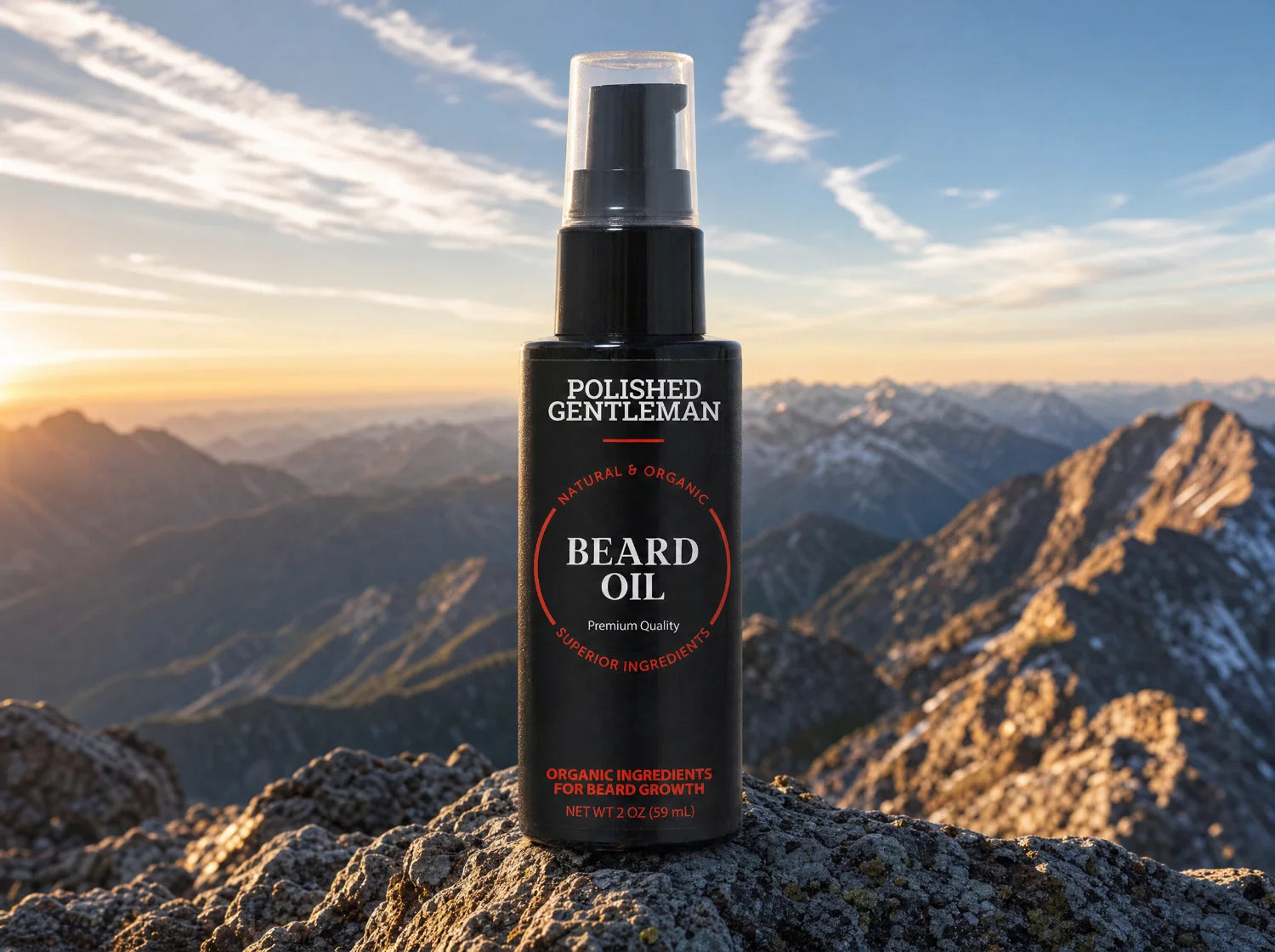Polished Gentleman Beard Oil on a mountain summit