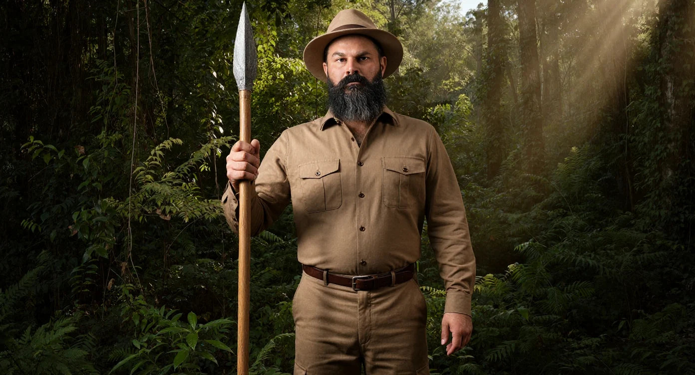 The Gentleman in safari attire holding a spear in the jungle