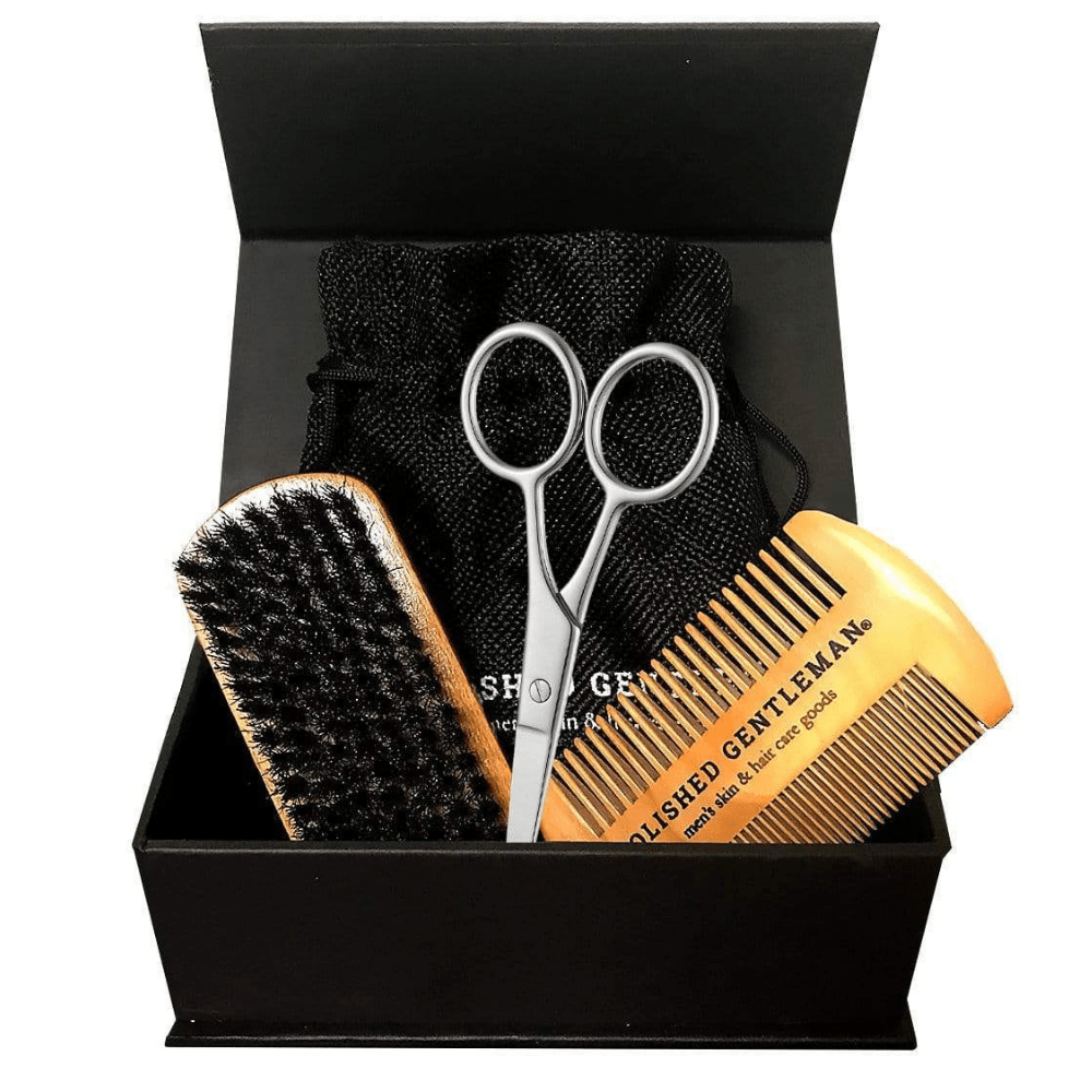 Polished Gentleman Club Beard Grooming Kit with Brush, Scissors, and Comb